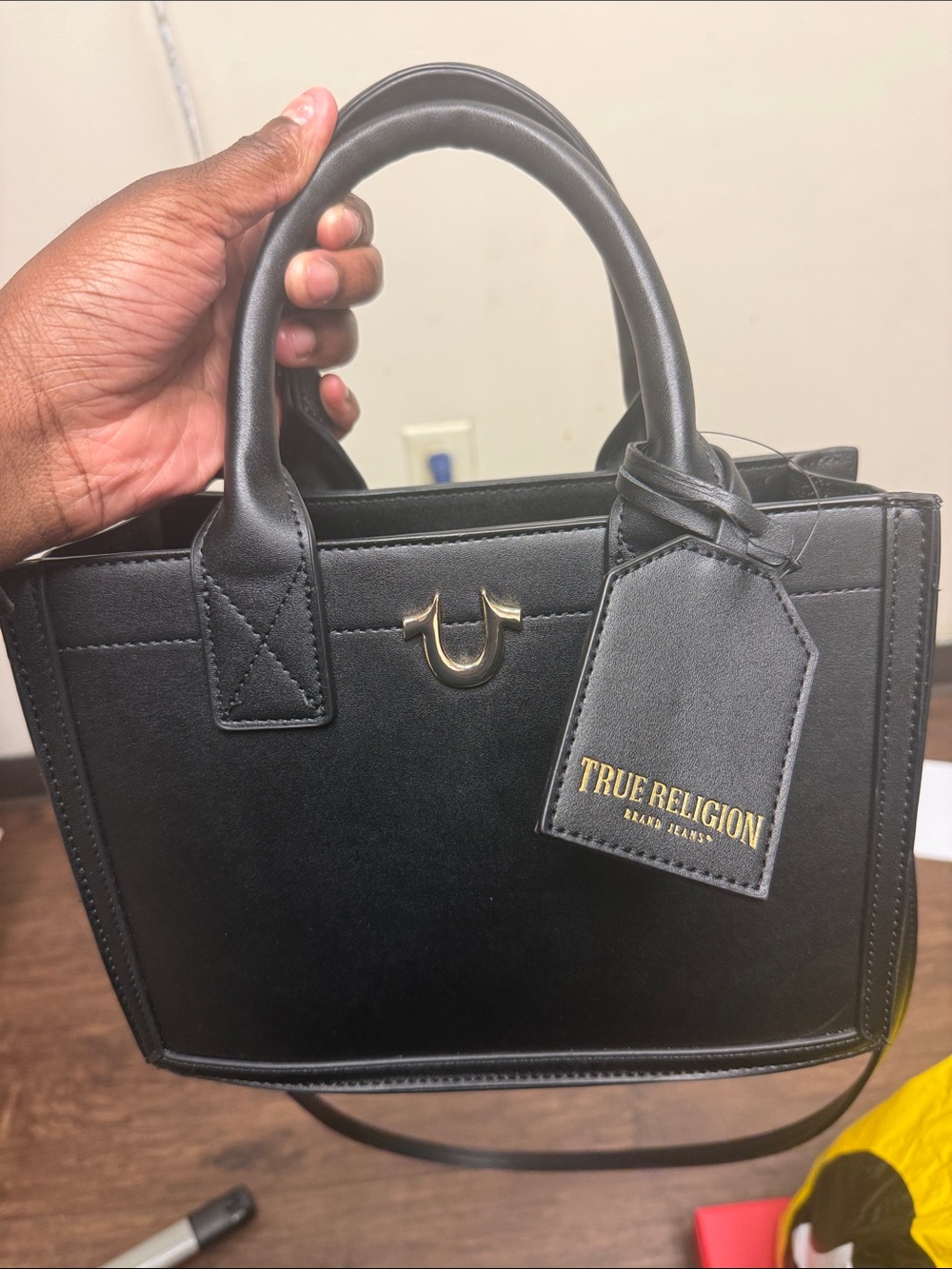 True Religion Black Leather Satchel with Gold Hardware
